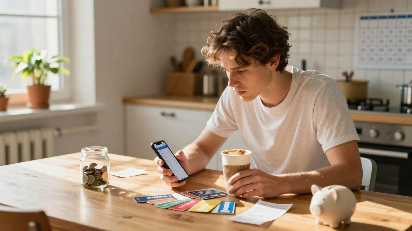 Man reviewing his bank accounts and budget on his phone at the kitchen table